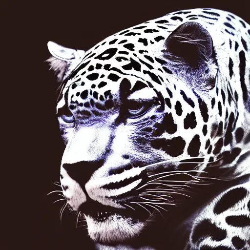 Prompt: portrait photography of a silver jaguar sculpture with glowing purple eyes