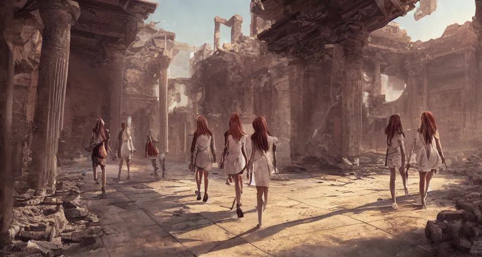 Image similar to Shool girls walking through the interior of an mytical and ancient temple in ruins, hyperdetailed, artstation, cgsociety, golden hour 8k