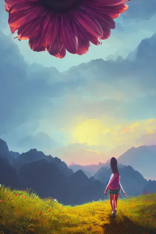 Prompt: giant daisy flower head, girl hiking in the mountains, surreal photography, sunrise, dramatic light, impressionist painting, colorful clouds, digital painting, artstation, simon stalenhag