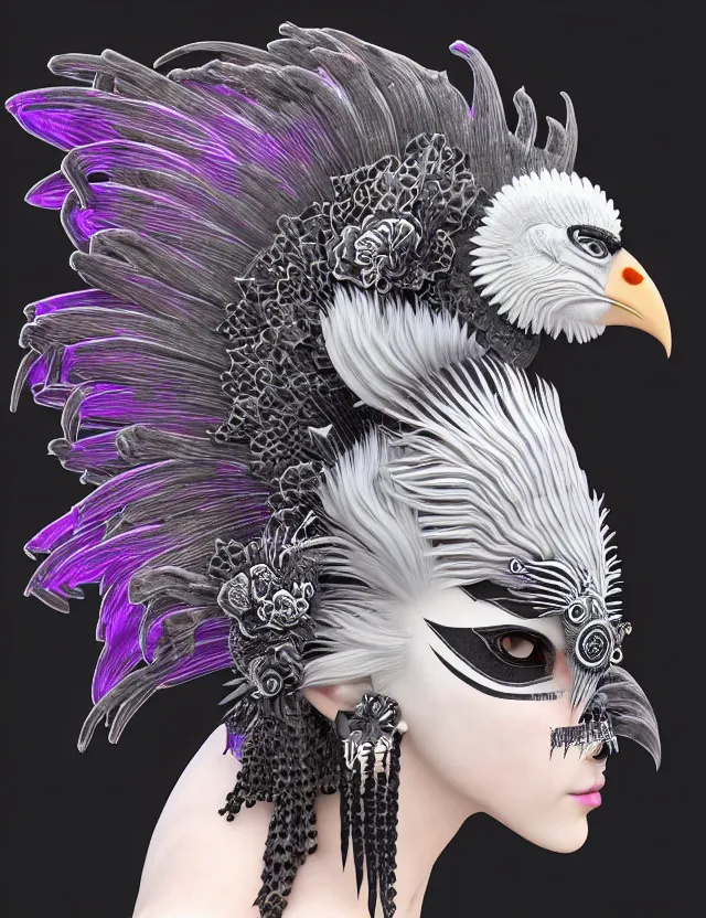 Image similar to 3 d goddess close - up profile portrait punk with mohawk with ram skull. beautiful intricately detailed japanese crow kitsune mask and clasical japanese kimono. betta fish, jellyfish phoenix, bio luminescent, plasma, ice, water, wind, creature