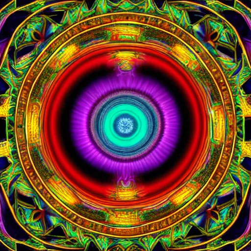Prompt: An 8k photorealistic multicolored psychedelic emblem of a third eye, digital art
