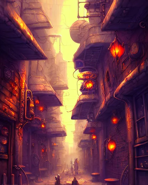 Prompt: street view of an otherworldly alley in the planescape city named sigil, crowded, beautiful digital painting in the style of wlop, volumetric lightning, intricate details, ultra realistic, by art germ, by gerard brom, steampunk, fantasypunk, deep colors, amazing d & d art, trending cgsociety, artstation, sharp