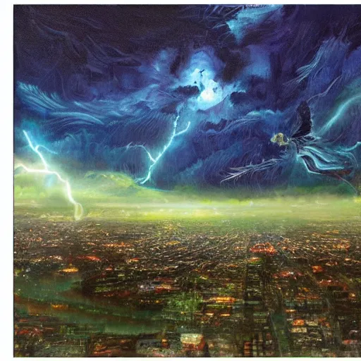 Prompt: beautiful oil painting of biblically accurate angel, night sky clouds, green lightning, above city, high detail, trending on art station