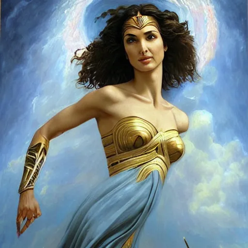 Image similar to Full body oil painting of the beautiful goddess Gal Gadot, she is egyptian, she is wearing a strophion and a surreal ornate, her hair is natural disheveled, she is approaching heaven over the clouds, naturalism, dramatic lighting, high-detailed oil painting by Ilya Repin, Michelangelo da Caravaggio, William Blake, Alex Grey and Beksinski, trending on Artsation, hystorical painting, naturalism, masterpiece, 4k, 8k,