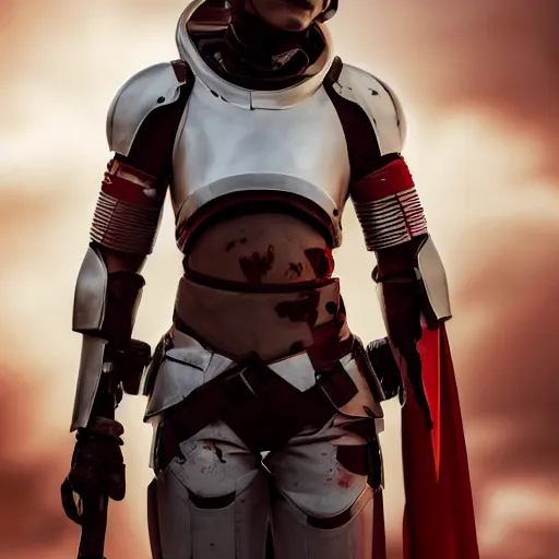 Image similar to a young female soldier wearing blood-spattered glossy sleek white dinged scuffed armor and a long torn red cape, heroic posture, determined expression, elegant, no helmet, on the surface of mars, dramatic lighting, cinematic, sci-fi, hyperrealistic, detailed