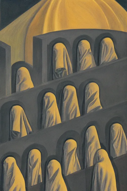 Prompt: fine illustration of five hooded disciples in masks praying to a fascist monument in a brutalist courtyard, lit from below, twilight, lowbrow surrealism, PJ Crook, Edward Hopper oil on canvas