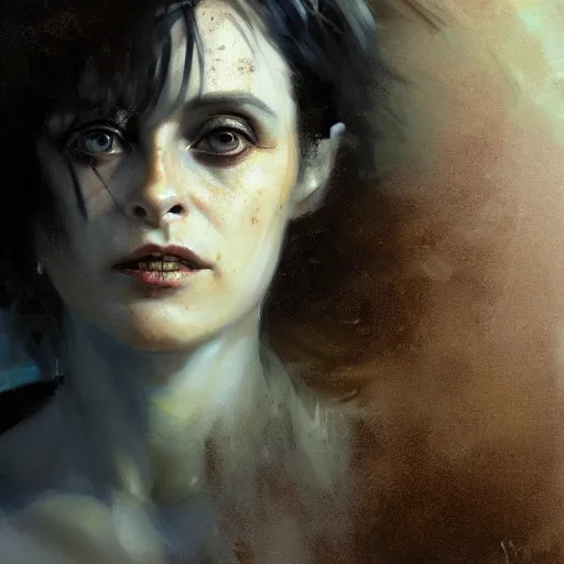 Image similar to expressive oil painting, alien dark fae girlboss based on helena bonham carter mixed with sigourney weaver, bumpy mottled skin, big black feathered wings instead of arms, body horror, by yoshitaka amano, by greg rutkowski, by jeremy lipkinng, by artgerm, digital art, octane render