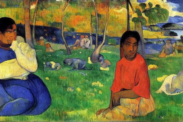 Prompt: there is another world very close to ours that we don't perceive directly, but they do interact sometimes. painting by paul gauguin ( 1 9 0 0 )