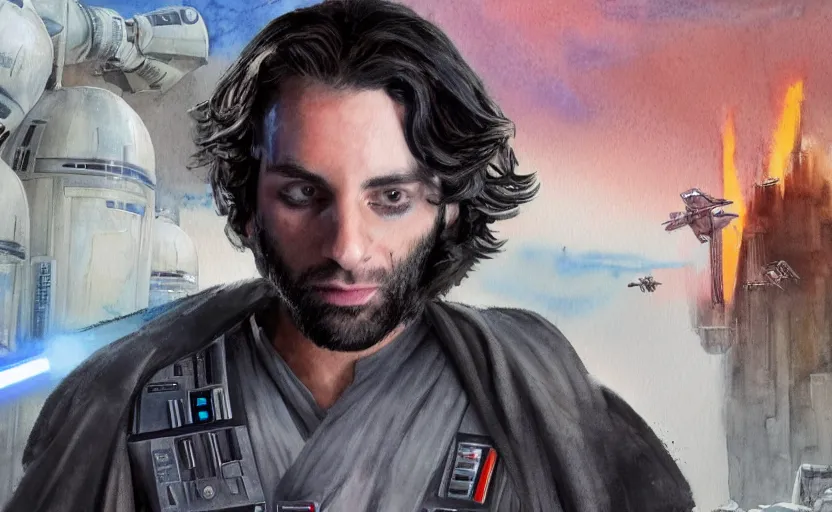 Image similar to a realistic star wars watercolor fantasy concept cart of chris d'elia as a drug dealer in a sleazy futuristic city of coruscant, hq, 4 k