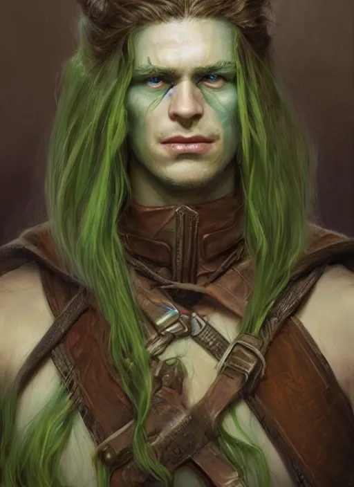 Prompt: a warrior in his twenties smirking with long light brown hair tied back, light green eyes, a large forehead, a widows peak and a round face with high cheekbones and full lips as a realistic d & d fantasy character, portrait art by donato giancola and greg rutkowski, vintage retro, realistic face, digital art, trending on artstation