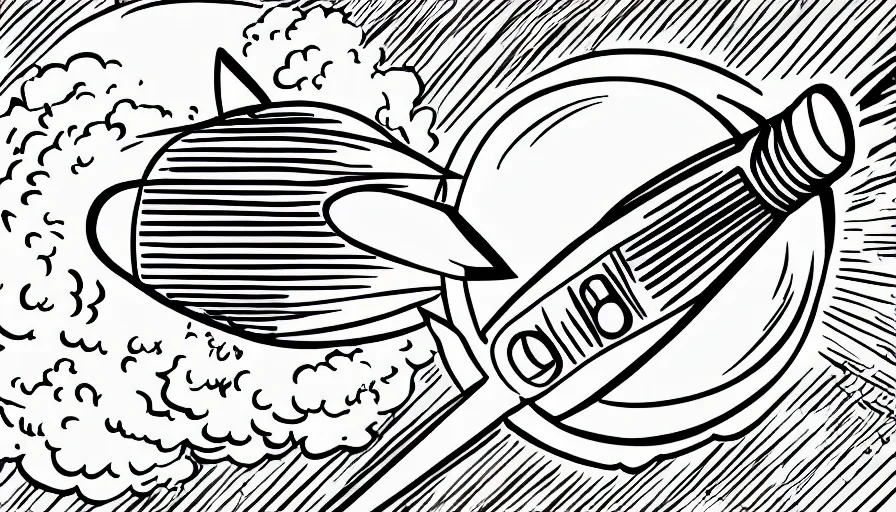 Prompt: travel to the moon with a rocket, cartoon style, black outline, on white, smooth, sharp lines, detailed