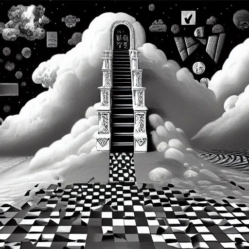 Image similar to A black and white freemasonic chequered surrealist digital painting of a stairway to into the clouds in the art style of jeff koons, Gilbert williams, Edwin Frederic Church and Christopher Balaskas, trending on artstation, 4k UHD