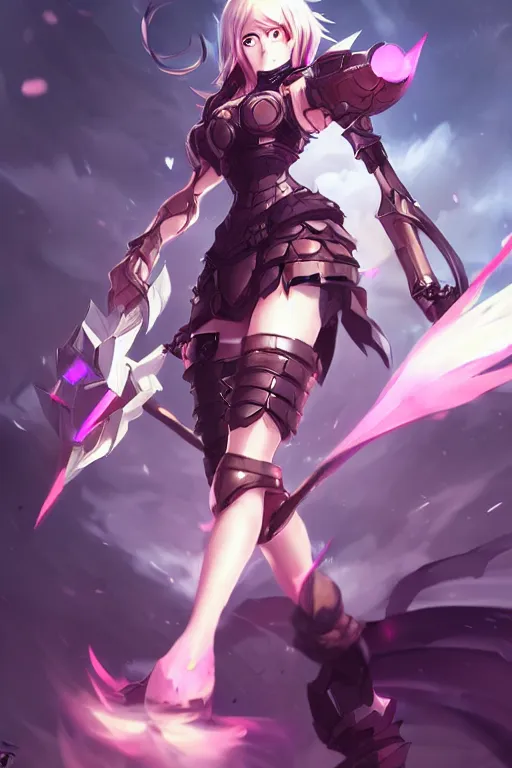 Image similar to pretty armored anime girl in a dynamic pose, fullbody art, in the style of league of legends, character concept art, by WLOP