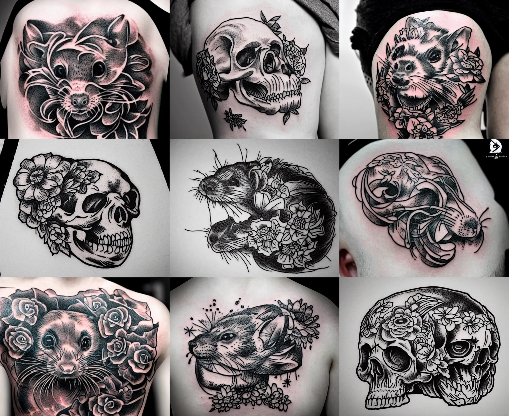 Image similar to detailed amazing tattoo stencil of a floral ferret crawling on a human skull