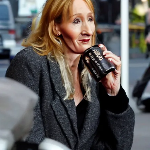 Prompt: j k rowling with black ink pouring out of her mouth, photograph, spotted in public