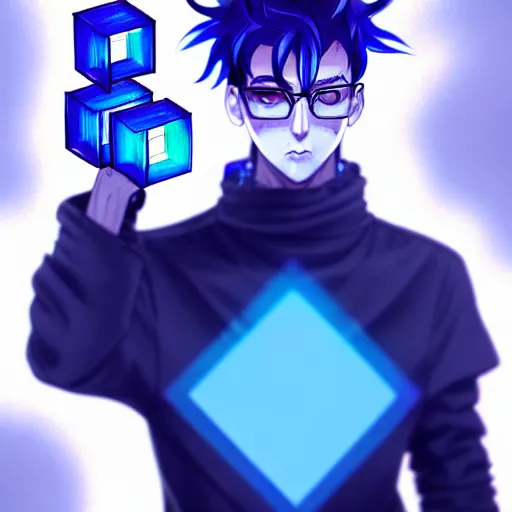 Image similar to a highly detailed portrait of a man with navy blue hair and blue glowing eyes, summoning blue transparent cubes, high detail clothing, concept art, anime, artstation, professional drawing