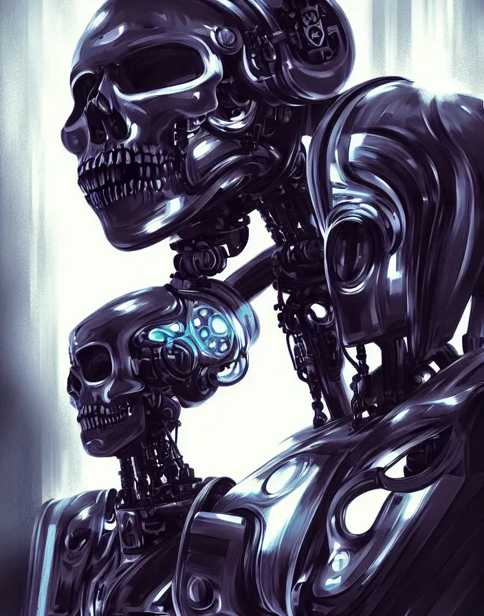 Image similar to skull - headed robot cyborg painting, illutstration, concept art, cyberpunk, futurism, comics art, artgerm, full body shot, wide angle