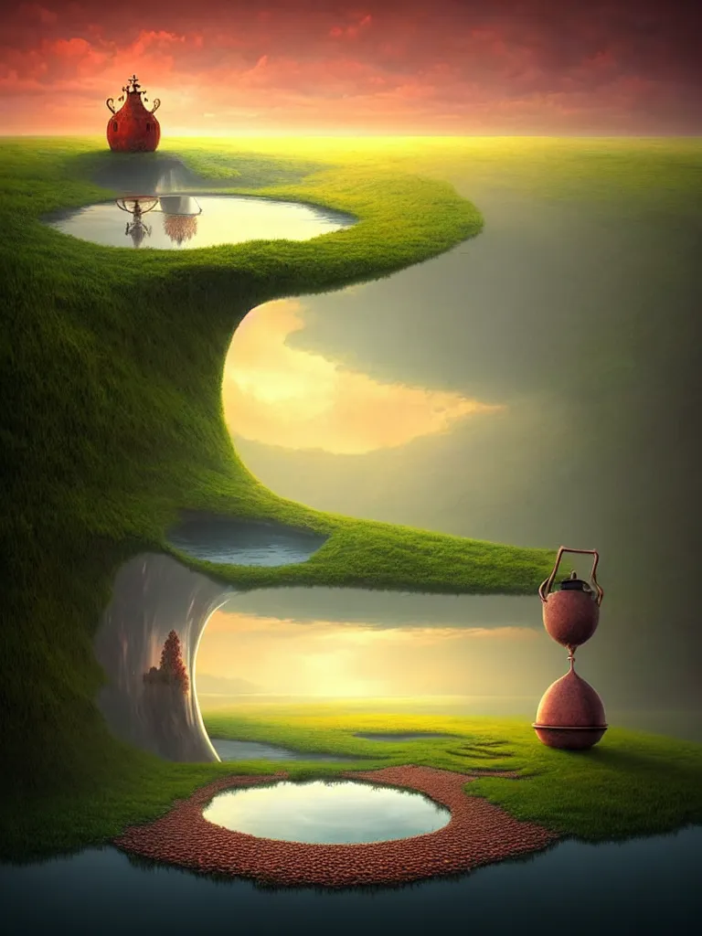 Prompt: a surreal landscape at sunset with a immense gigantic ornated iron chalice cup with a lake inside, water in excess droping by gediminas pranckevicius