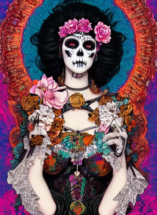 Image similar to cute punk goth fashion fractal Día de los Muertos girl posing by Zhang Jingna, poster art by Dan Mumford Kilian Eng Hannah Jeffrey Smith Rick Griffin Alphonse Mucha