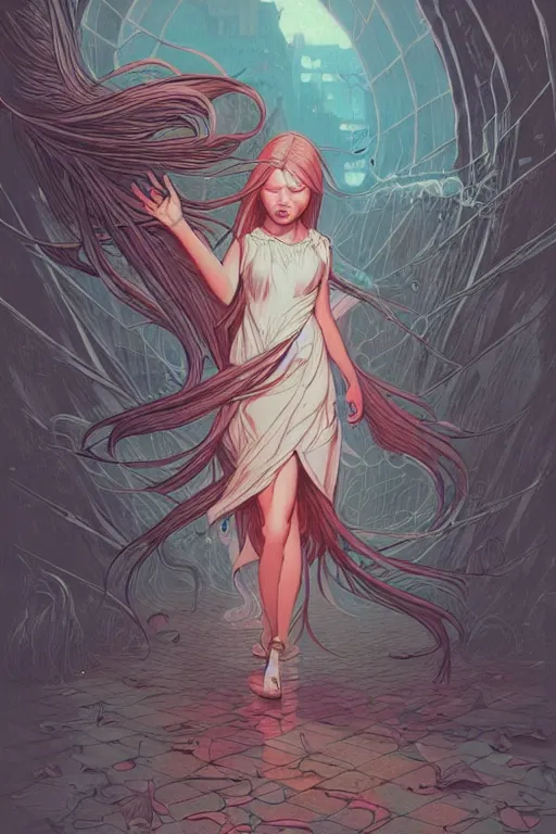 Image similar to concept art design illustration, teen girl walking away alone street flowing hair, sad, fantasy book cover illustration!!, 1 6 colors, logo, ink drawing, 8 k, hyperrealistic, hyperdetailed art by jc leyendecker and sachin teng