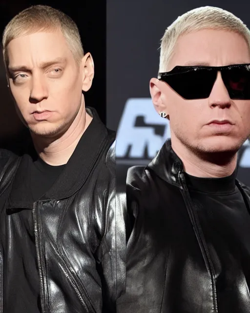 Prompt: eminem wearing a futuristic armored mask with amber eye reflective lenses, and black leather body armor.