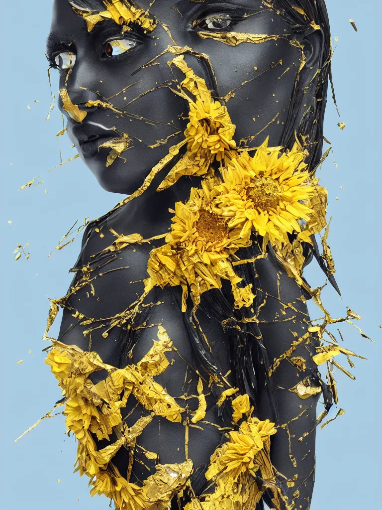 Image similar to symmetrical fractured dark obsidian greek statue of eastasian female beauty, yellow gemstones spikes, crystallic sunflowers, lightblue acrylic paintdrip and magenta tar, repaired with kintsugi, rendered in octane trending on cgsociety. extremely detailed and intricate art, corruption, sleek