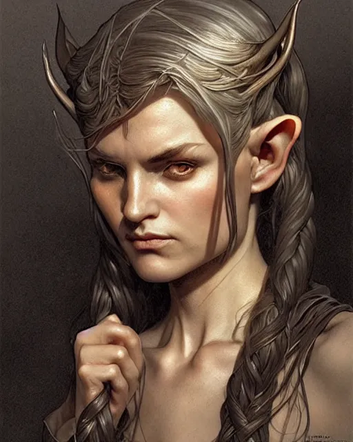 Image similar to portrait of an elven mage, dark, piercing eyes, gentle expression, elegant clothing, photorealistic, highly detailed, artstation, smooth, sharp focus, art by michael whelan, artgerm, greg rutkowski and alphonse mucha