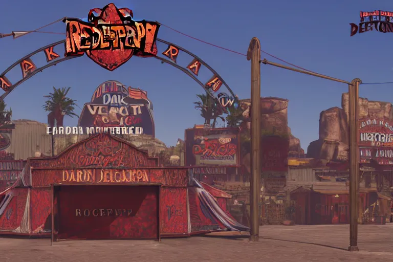 Image similar to 3d sculpt of an arched sign for a circus called 'the dark metal carnival', red dead redemption2, las vegas, artstaton, digital illustration