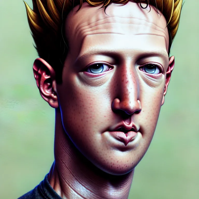 Image similar to portrait of mark zuckerberg super saiyan, green eyes, elegant, real life skin, intricate artwork, high detailed, artstation, concept art, smooth, sharp focus, art by artgerm and greg rutkowski @ ruprechy