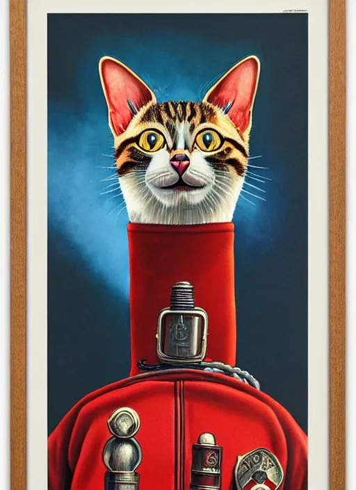 Image similar to symmetrical!! portrait of cat as a fire fighter. close up. soft lighting, retro 8 0 s, realistic illustration, art by peter elson