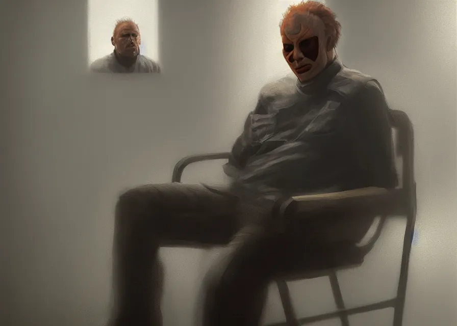 Prompt: dynamic painting portrait of Michael Myers sitting in the waiting room of an optometrist, sharp focus, trending on ArtStation, masterpiece, by Greg Rutkowski, by Ross Tran, by Fenghua Zhong, octane, soft render, oil on canvas, moody lighting, high contrast, cinematic, professional environment concept art
