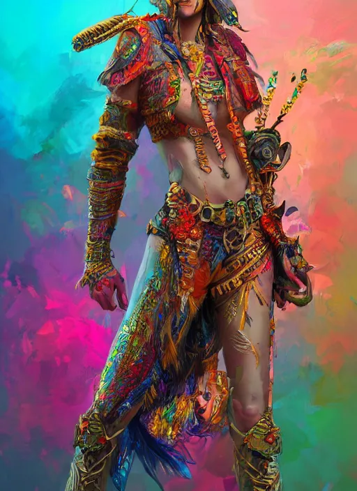 Image similar to detailed full body concept art illustration colorful oil painting of a hunter goddess in full intricate colorful clothing, ultra detailed, digital art, octane render, 4k