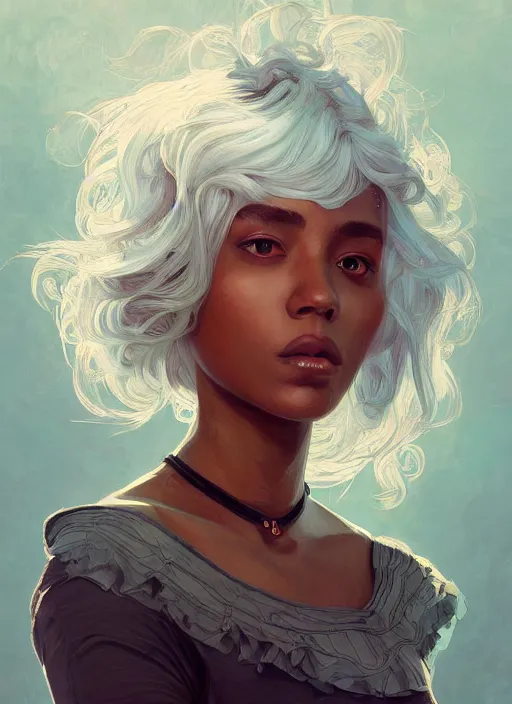 Image similar to handsome young black women with shoulder length white hair, half body shot, path traced, highly detailed, high quality, digital painting, alena aenami, lilia alvarado, shinji aramaki, karol bak, alphonse mucha, tom bagshaw