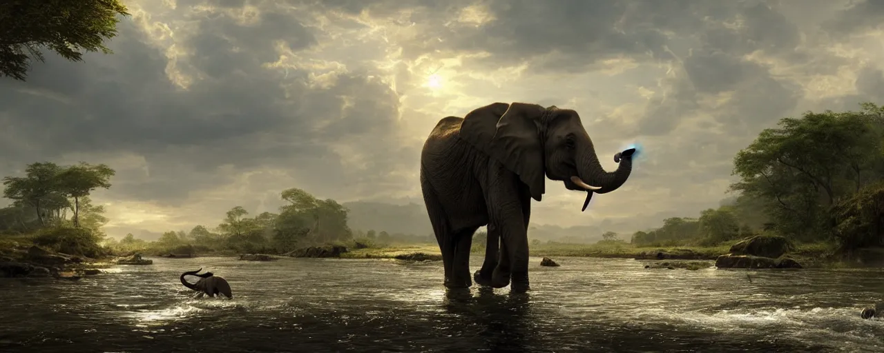 Image similar to an elephant taking bath in the river, beautiful dynamic lighting, cinematic, wide angle establishing shot, extremely high detail, photo realistic, cinematic lighting, post processed, concept art, artstation, matte painting, style by frederic church, raphael lacoste, unreal engine 8 k