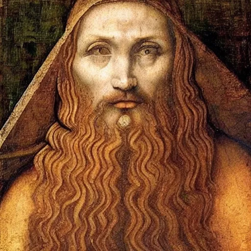 Prompt: An old renaissance painting of Gigachad Jesus by Leonardo da Vinci.