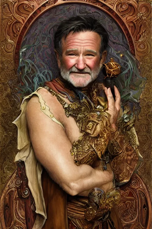 Image similar to an ultradetailed full body portrait of robin williams dressed as sheogorath, d & d, fantasy, intricate, elegant, highly detailed, digital painting, matte, sharp focus, illustration, art by john collier and albert aublet and krenz cushart and artem demura and alphonse mucha