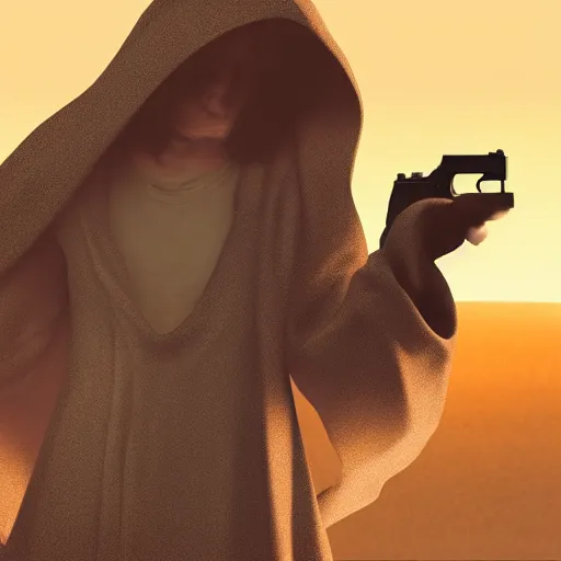 Image similar to an empty cloak with one hand holding a handgun coming out of it, photorealistic, golden hour