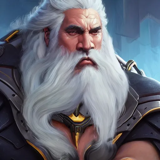 Image similar to science-fiction utopian character portrait of a huge muscular tall giant Reinhardt from Overwatch, long white hair and beard, intricate, wild, highly detailed, digital painting, artstation, upper body, concept art, smooth, sharp focus, illustration, art by artgerm and greg rutkowski and alphonse mucha