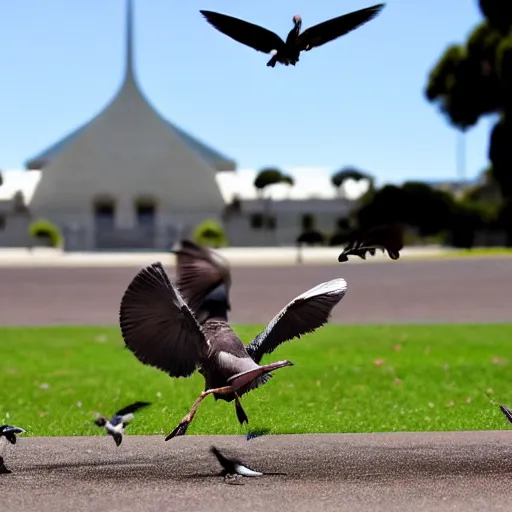 Image similar to shrimp fighting a pigeon in front of Canberra Parliament House