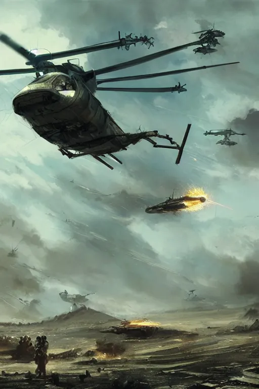 Image similar to a futuristic helicopter in war, epic scene, by greg rutkowski