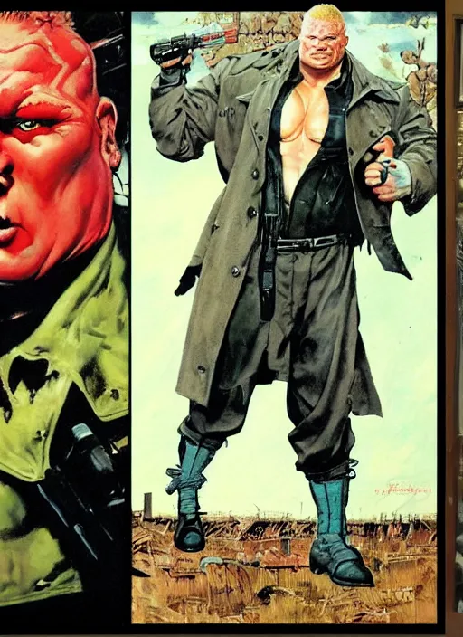 Prompt: full body and head portrait of brock lesnar as a mutant villain wearing a trench coat, painted by norman rockwell and phil hale and greg staples and tom lovell and frank schoonover and jack kirby