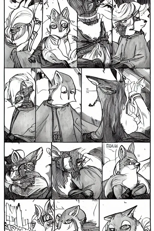 Prompt: a graphic novel comic about medival anthropomorphic foxes, by mike holmes, manga, webcomic, by kawacy