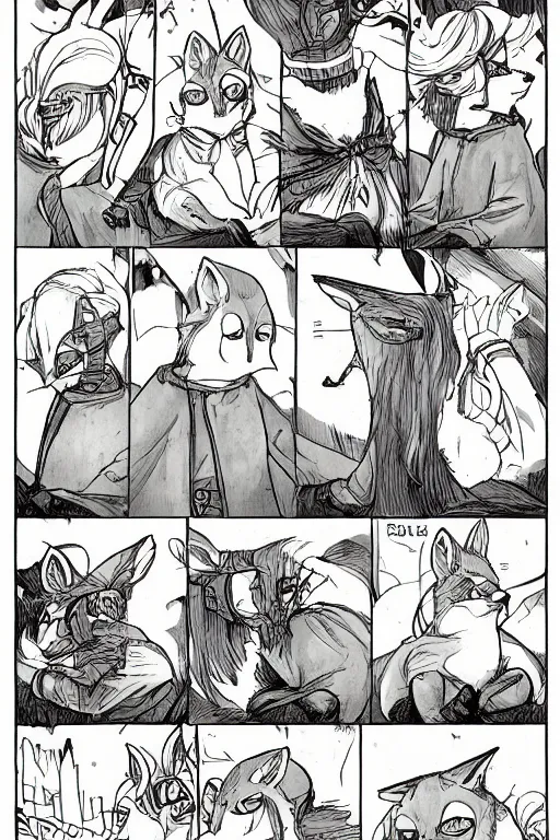 Image similar to a graphic novel comic about medival anthropomorphic foxes, by mike holmes, manga, webcomic, by kawacy