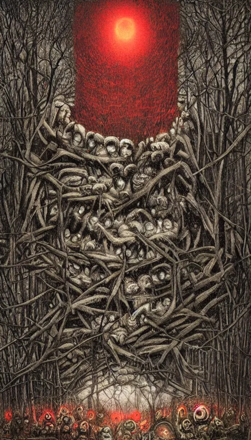 Prompt: a storm vortex made of many demonic eyes and teeth over a forest, by dan witz