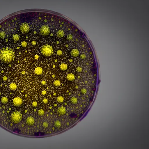 Image similar to close up photo of petri dish with a fungal cultures with little filaments under the microscope, octane render, tilt shift, smooth, ultrasharp focus, unreal engine 5, bokeh background, hyperrealism, vray