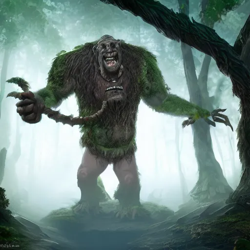 Image similar to giant dungeons and dragons ettin giant with many heads, ettin from dungeons and dragons, dnd in a dark forest, digital art, high quality render, artstation, 8 k, photograph quality, ultrahd