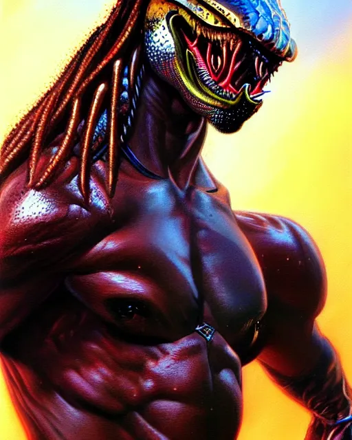 Image similar to a portrait of the predator fantasy character portrait, ultra realistic, cinematic, concept art, wide angle, intricate details, hologram, highly detailed by boris vallejo