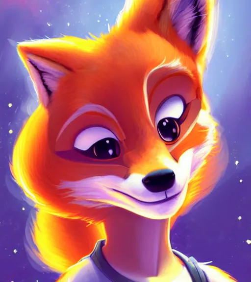 Image similar to digital detailed art of furry female fox, in style of zootopia, fursona, furry, furaffinity, deviantart, wearing astronaut outfit, floating in space, space background, hyena fursona, cyberpunk, detailed face, style of artgerm,