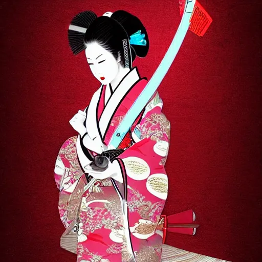 Prompt: beautiful japanese geisha wielding a fan as her blade, digital art