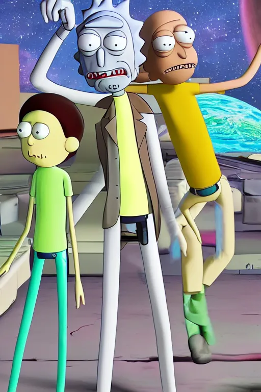 Image similar to 3d final render, hiper-realistic Rick and Morty, detailed, 8k